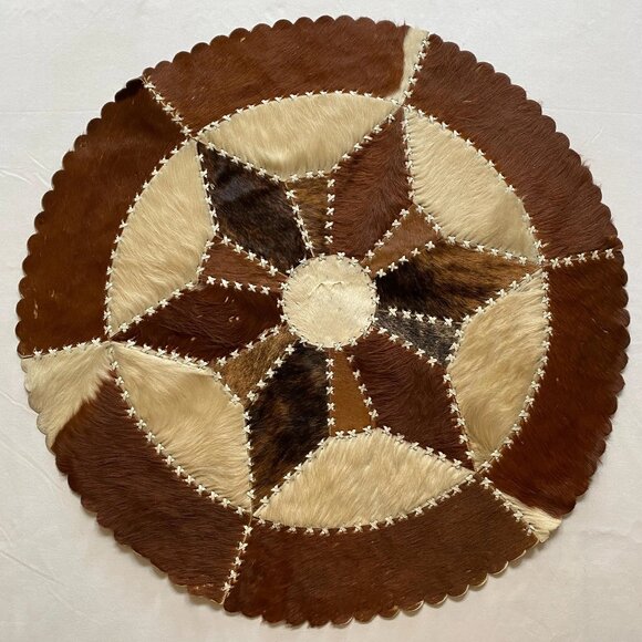 Vintage Cowhide Round Rug or Wall Art Handmade Western Texas Star Home Decor - Picture 1 of 8